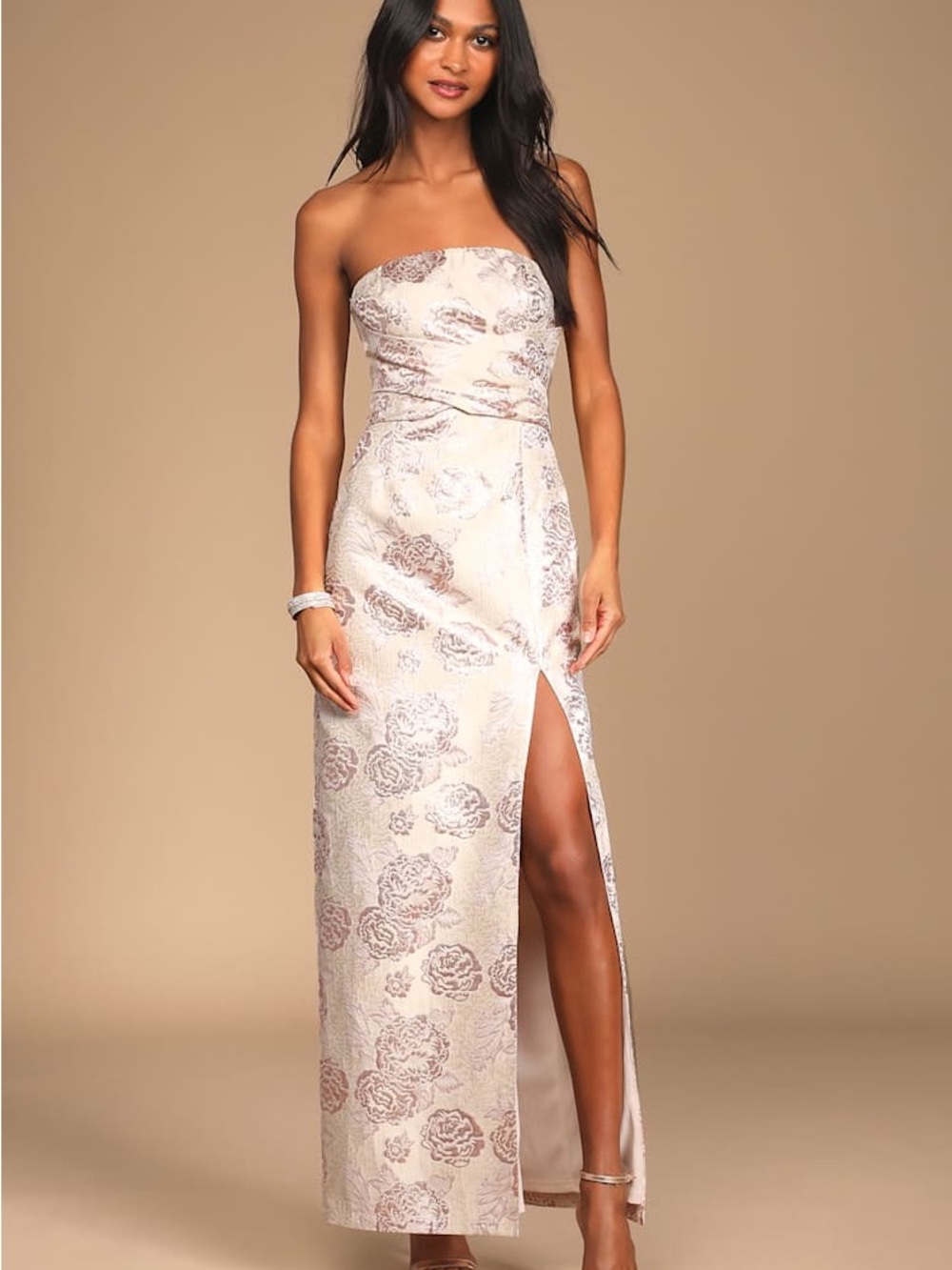 Lulu's Strapless Blush Floral Jacquard Maxi Dress with Side Slit